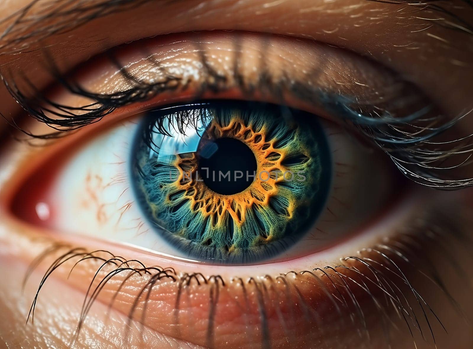 Beautiful human eye looking. Blue eye texture - macro view of pupil retina. Extreme close-up detail of eyeball with amazing reflections. Concept of good vision and problems with eyes. by sfinks