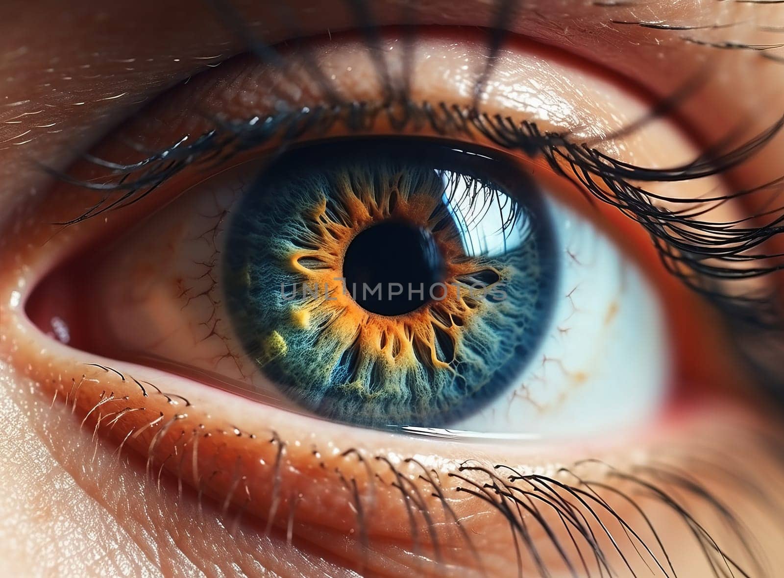 Beautiful human eye looking. Blue eye texture - macro view of pupil retina. Extreme close-up detail of eyeball with amazing reflections. Concept of good vision and problems with eyes. by sfinks