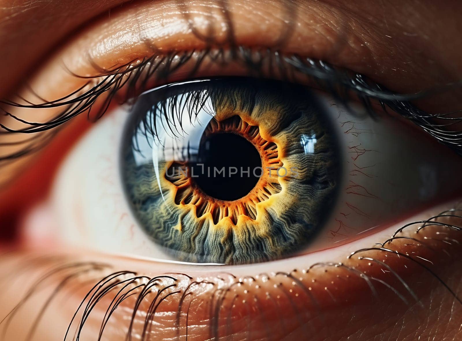 Beautiful human eye looking. Gray eye texture - macro view of pupil retina. Extreme close-up detail of eyeball with amazing reflections. Concept of good vision and problems with eyes