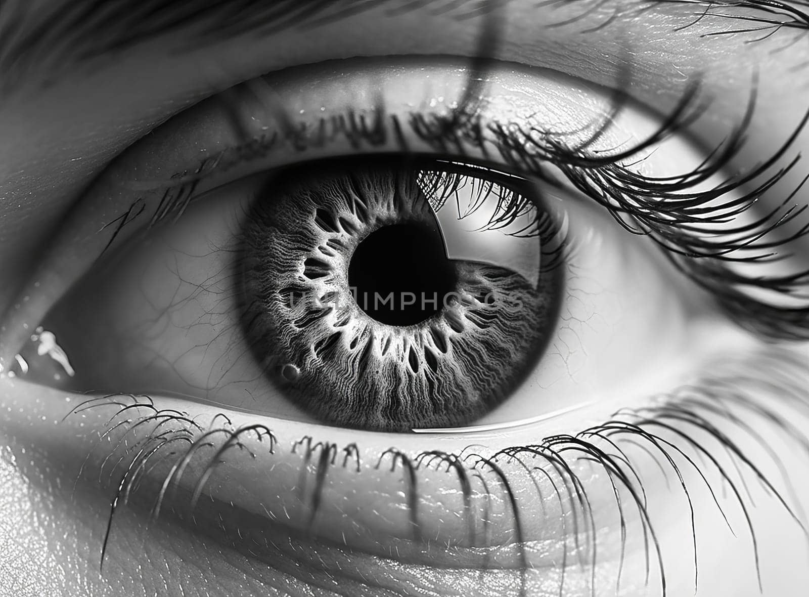 Beautiful human eye looking. Black and white eye texture - macro view of pupil retina. Extreme close-up detail of eyeball with amazing reflections. Concept of good vision and problems with eyes. by sfinks