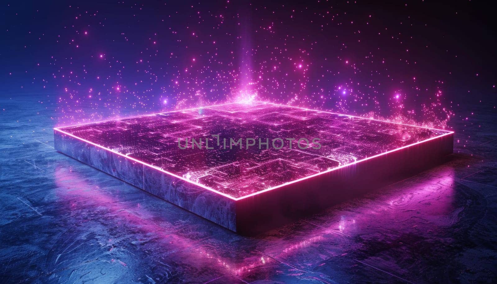 A computer chip is lit up in neon colors by AI generated image by wichayada