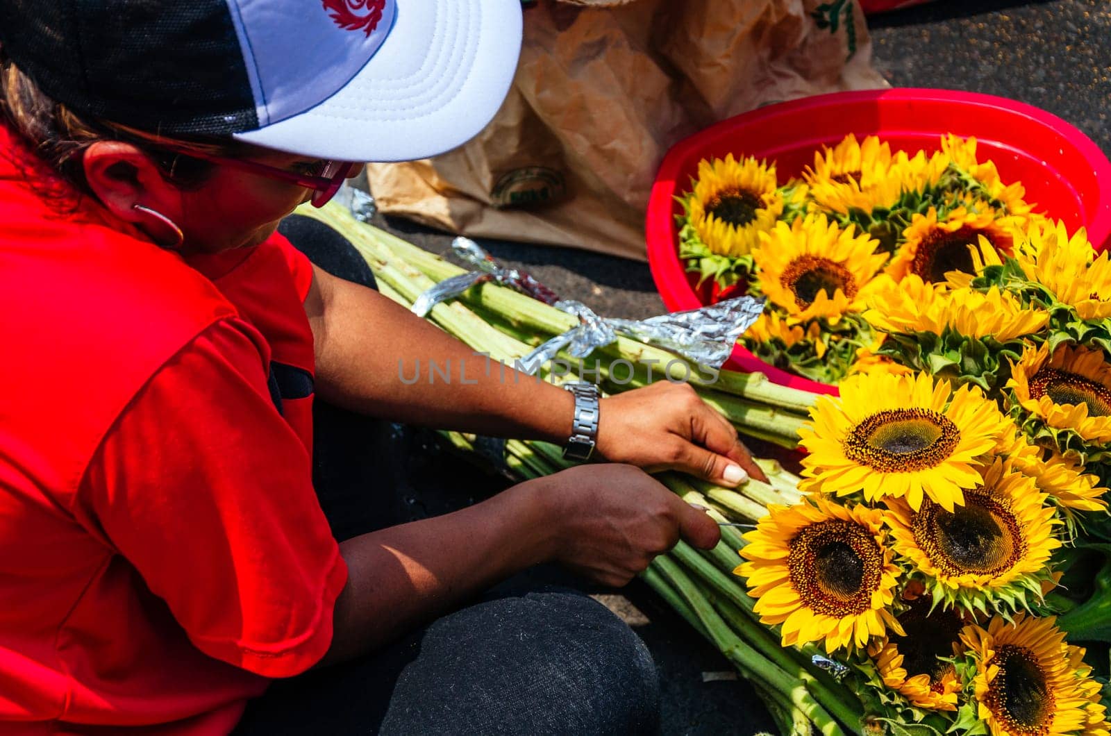 Backside of the flower seller in Cusco, Peru