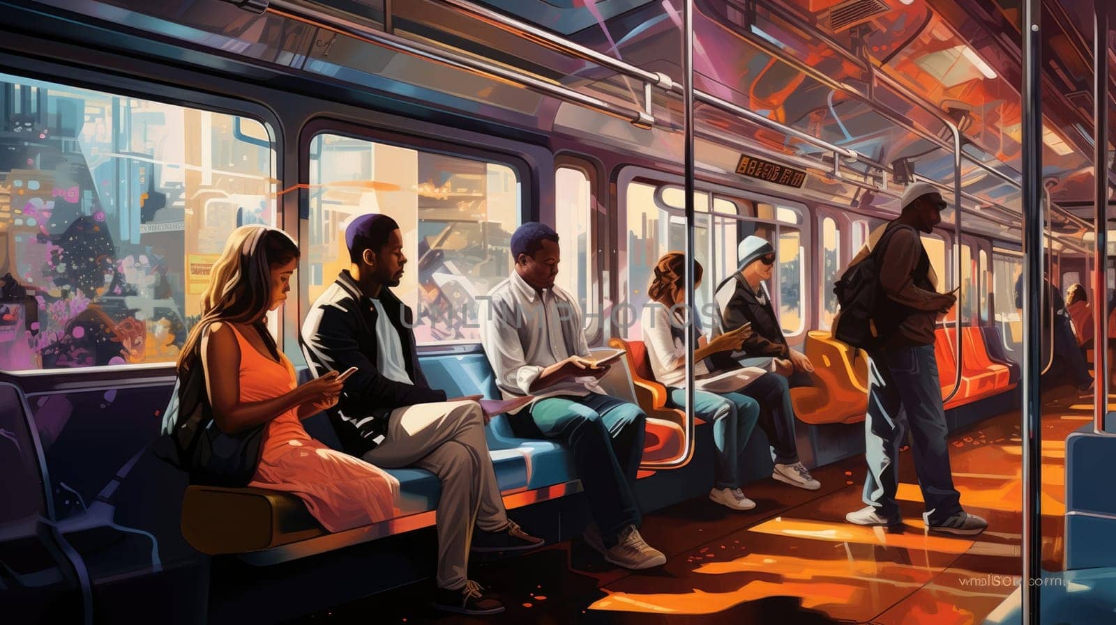 Public transportation watercolor illustration - Generative AI. People, carriage, transport, windows. by simakovavector