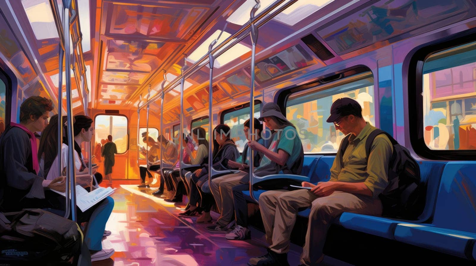 Public transportation watercolor illustration - AI generated. People, carriage, transport, windows.