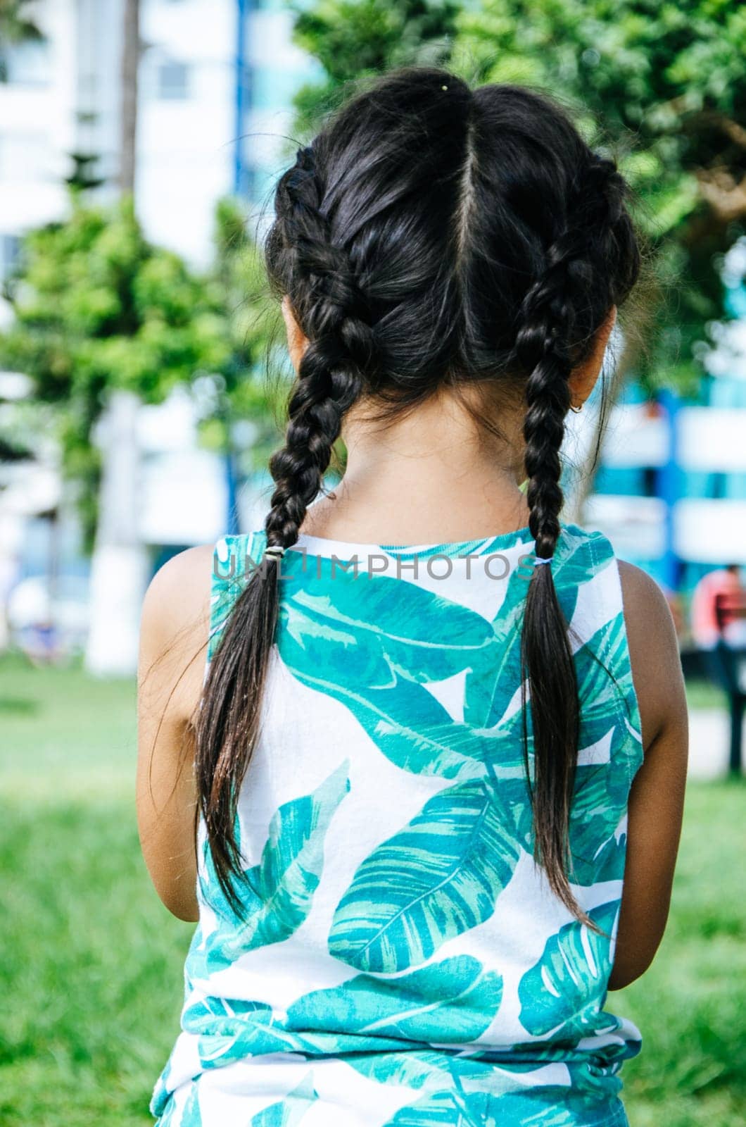 Little girl with braids on her back. Outdoors. Vertical format. by Peruphotoart