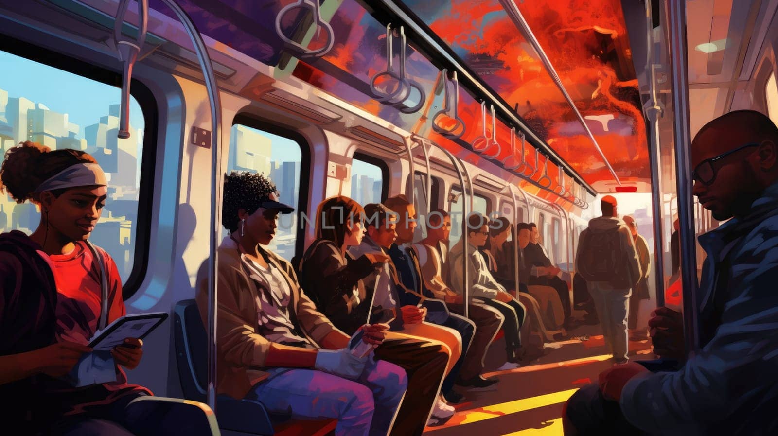 Public transportation watercolor illustration - AI generated. People, carriage, transport, windows.