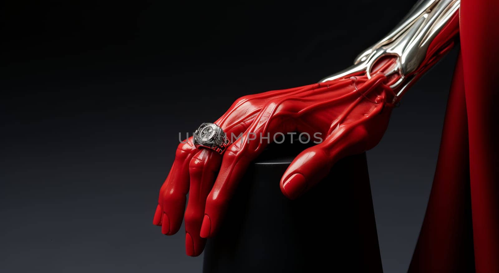 Red futuristic bionic hand prosthesis showcasing a diamond ring on a black pedestal, close up. Artificial robotic prosthetic arm of the future for people with disabilities or androids and robots