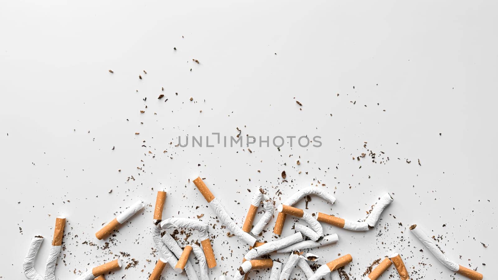 Discarded crushed broken cigarettes and scattered tobacco on white background, representing cessation and the end of smoking with copy space. No tobacco day. by Lunnica