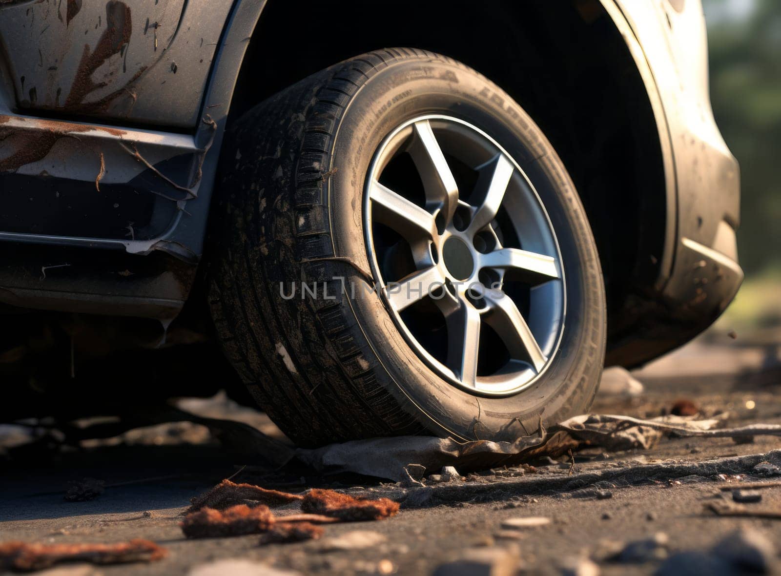 A cut car tire covered in mud on a muddy road - close up view