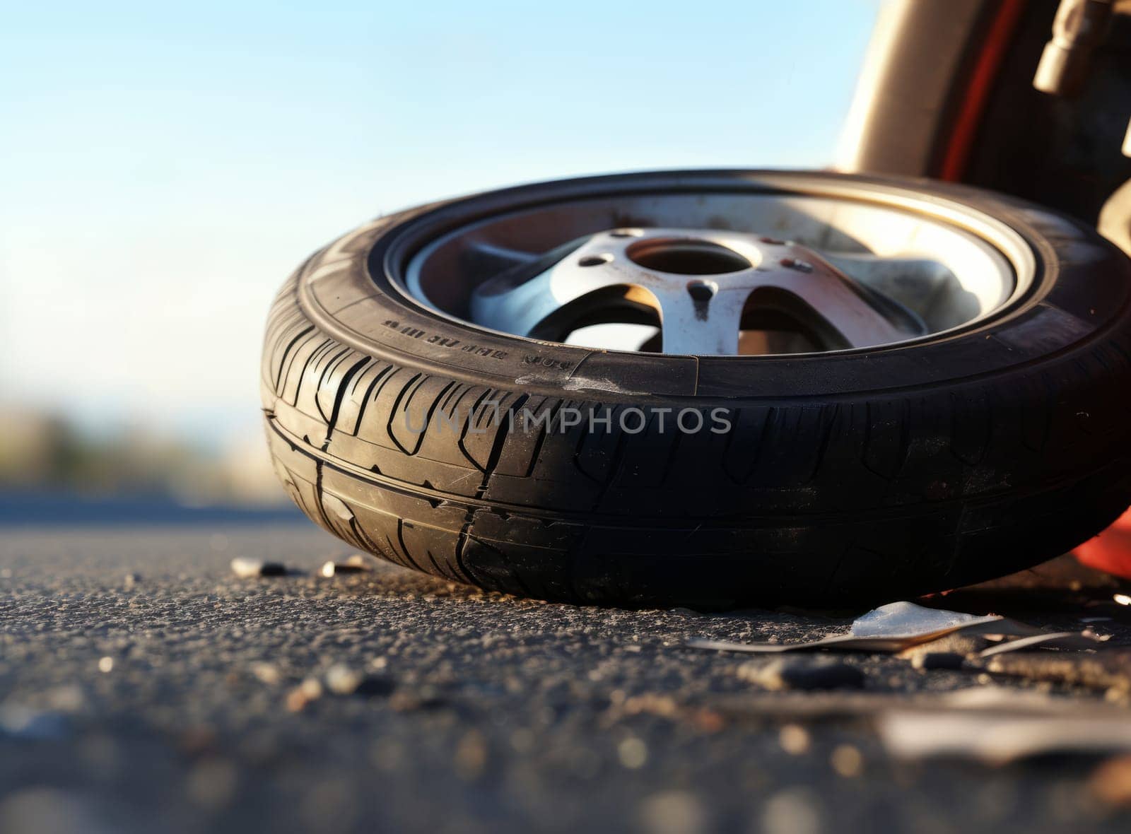 The damaged tire for motorcycle or scooter lies on the sidewalk after an accident while road trip. Fallen off wheel and two-wheeler wreckage lies on asphalt - severe crash close-up