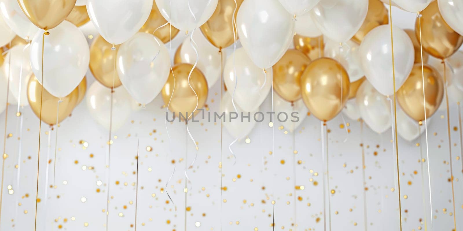 Festive arrangement of white balloons with golden confetti and gold balloons with ribbons on white background. Celebration concept. For greeting card and party invitation design. Ai generation.