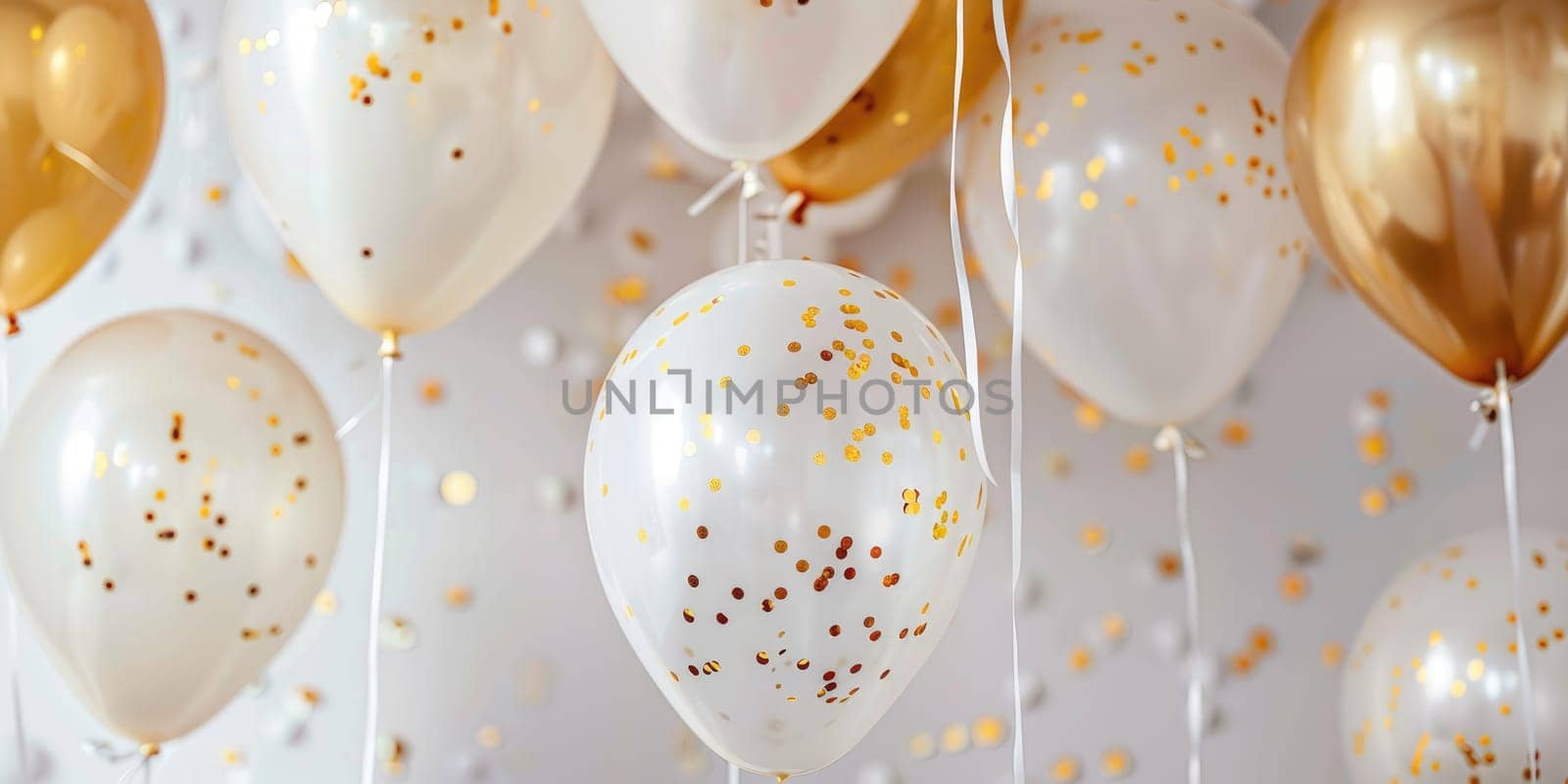 Festive arrangement of white balloons with golden confetti and gold balloons with ribbons on white background. Celebration concept. For greeting card and party invitation design. Ai by Lunnica