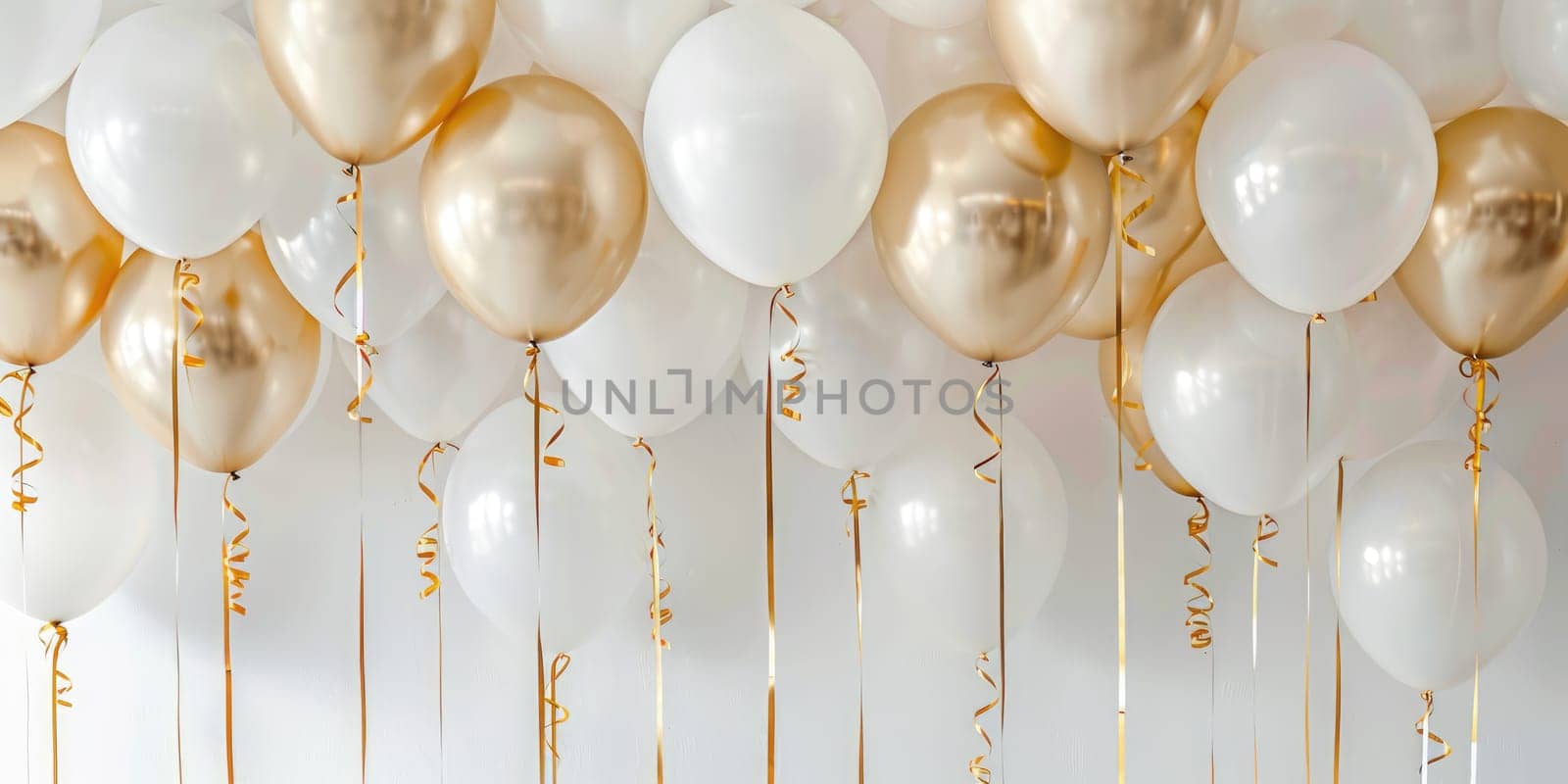 White and gold balloons with ribbons hanging for celebration decoration on white background. Party and celebration concept for invitation design. Ai generation. High quality