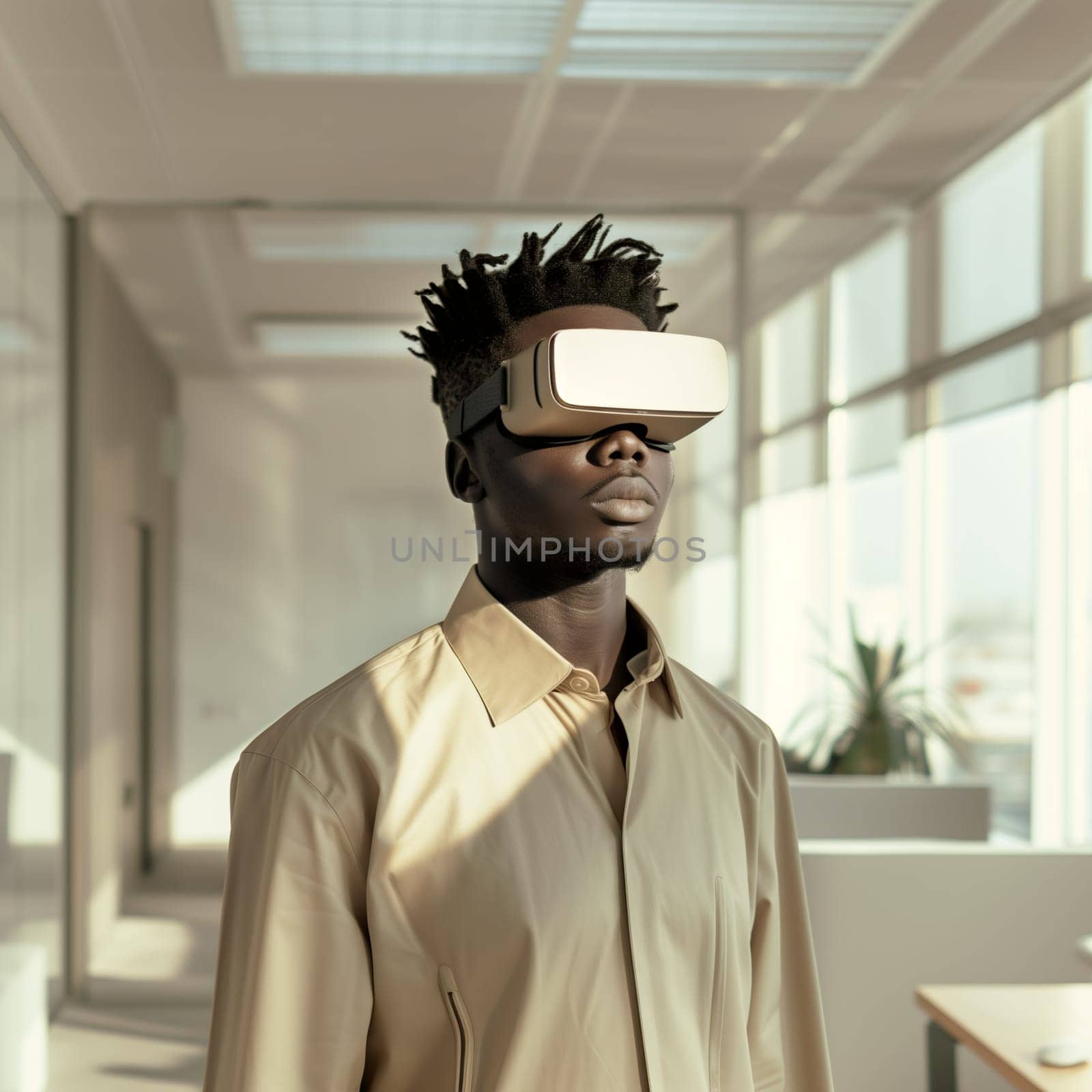 Portrait of a handsome African male businessman in a beige shirt with virtual reality glasses standing half-sided in the office, side view close-up.