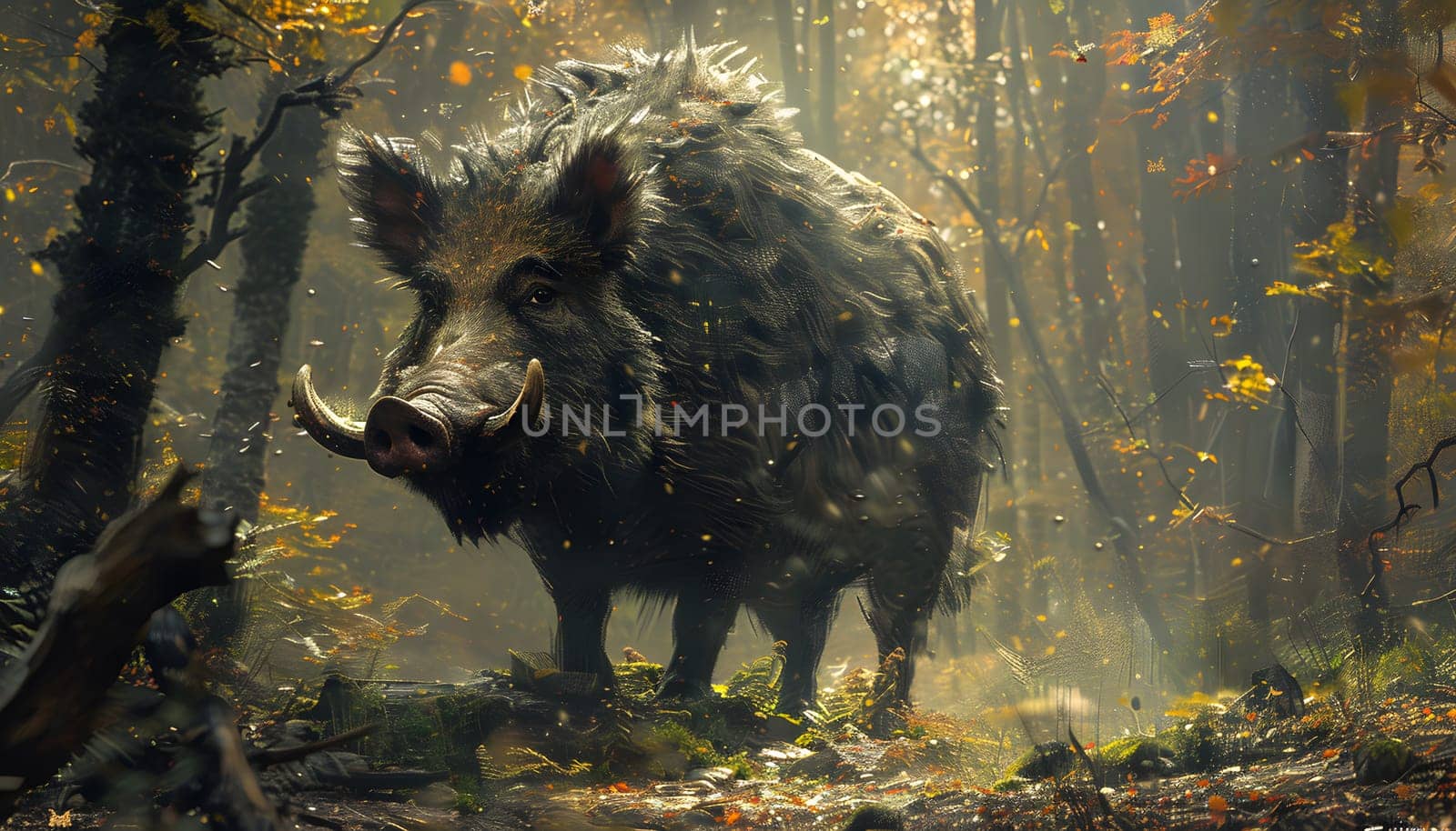 A terrestrial carnivore with a snout, a wild boar, is standing in the middle of a forest surrounded by natural landscapes, grass, and terrestrial plants