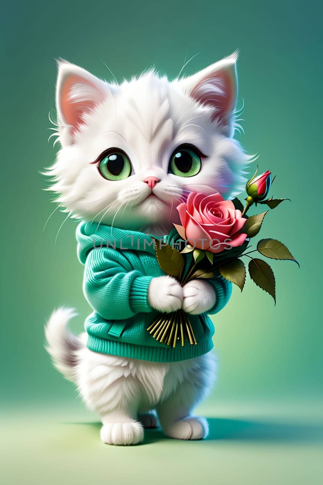 cute cat holding roses , isolated on a green background .