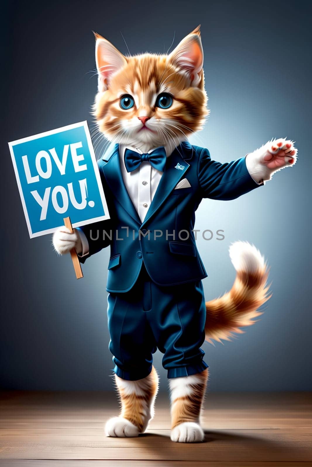cute cat holding roses and a Love you sign .