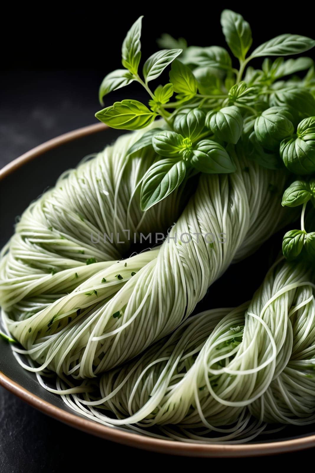 homemade green vermicelli with herbs .
