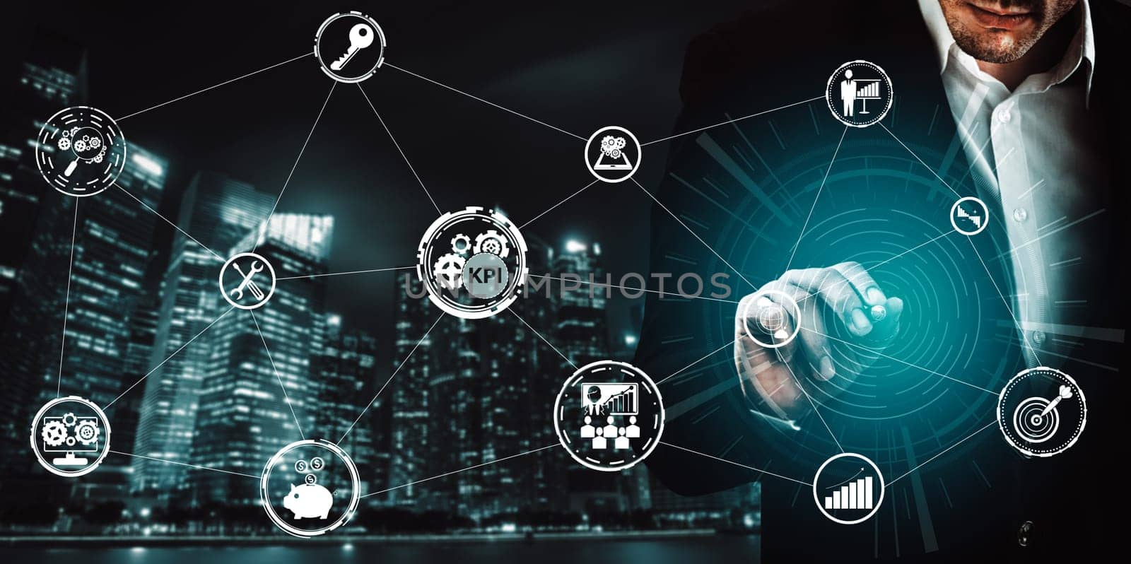 KPI Key Performance Indicator for Business Concept - Modern graphic interface showing symbols of job target evaluation and analytical numbers for marketing KPI management. uds