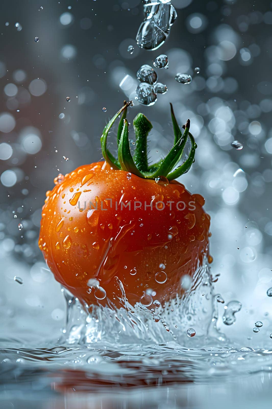 A seedless fruit, the tomato, is plunging into a liquid body of water. This superfood, from the plant family, is a versatile produce used in many natural foods