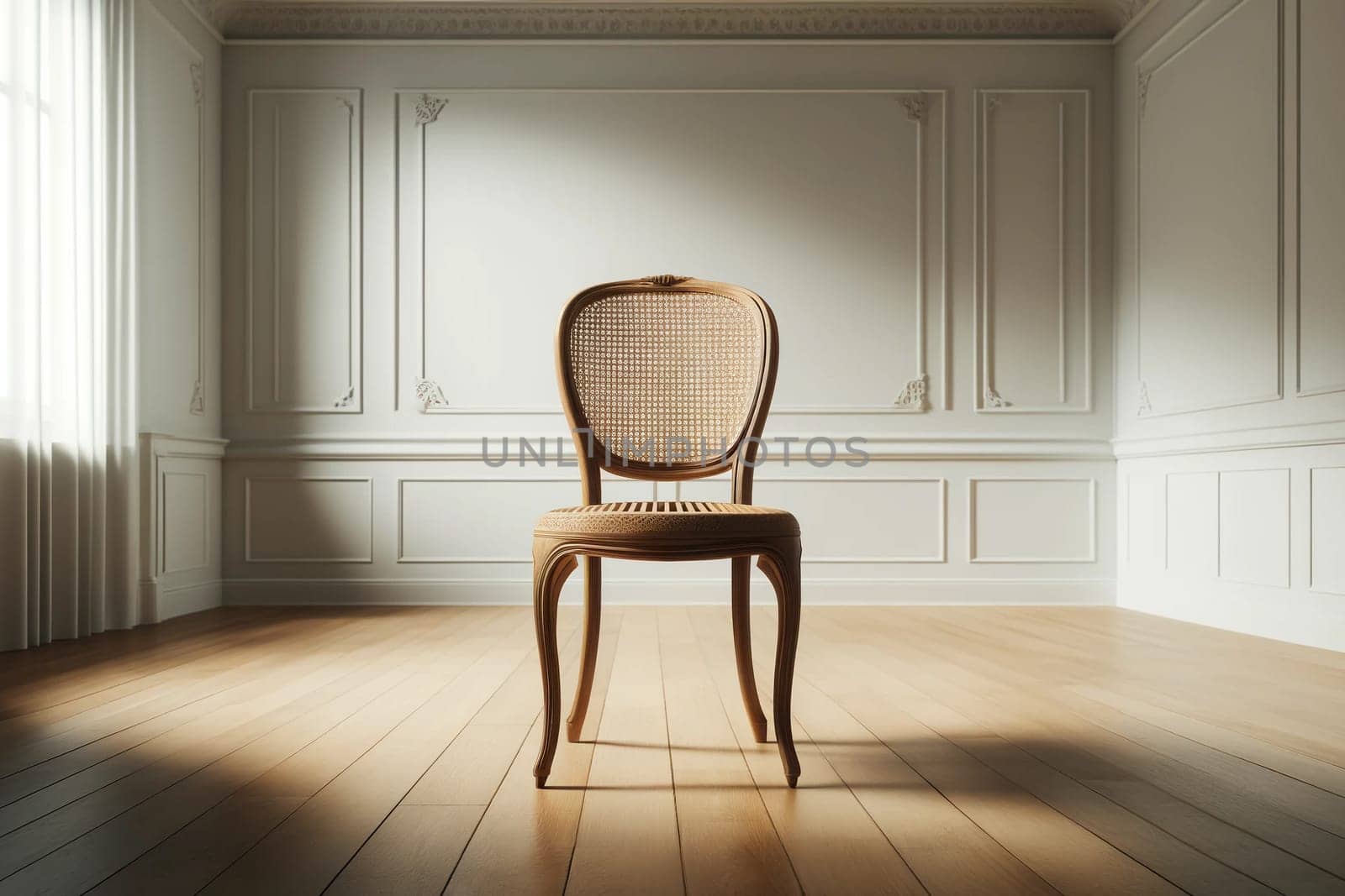 beige Viennese elegant chair in an empty bright room by Annado