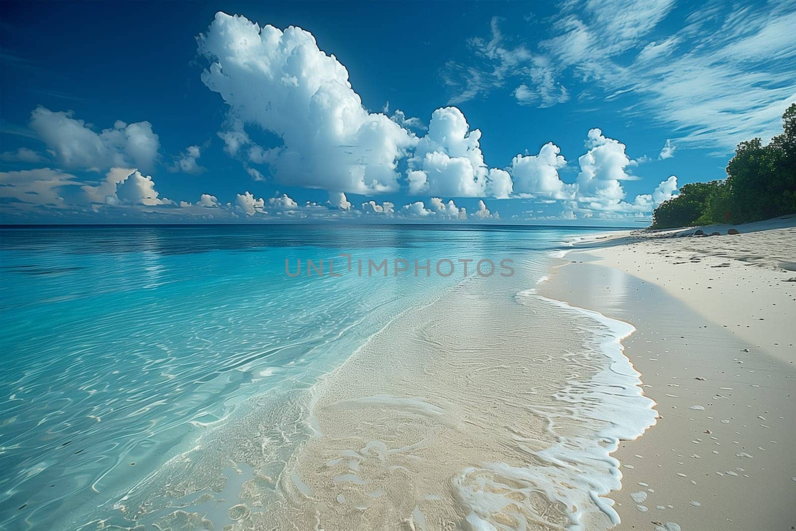 A sandy beach with crystal-clear blue water under a cloudy sky, creating a serene and natural scene.