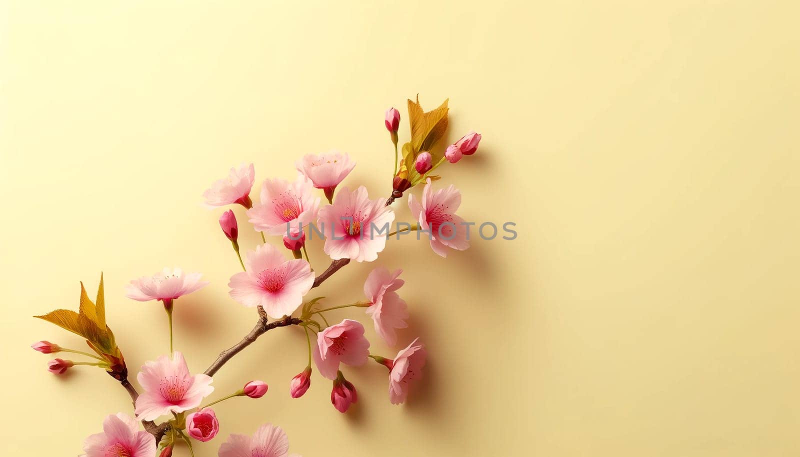 blooming sakura branch on a yellow background, copy space.