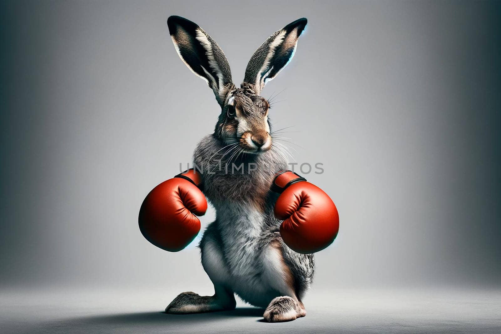 A hare in boxing gloves stands on his hind legs on a gray background.