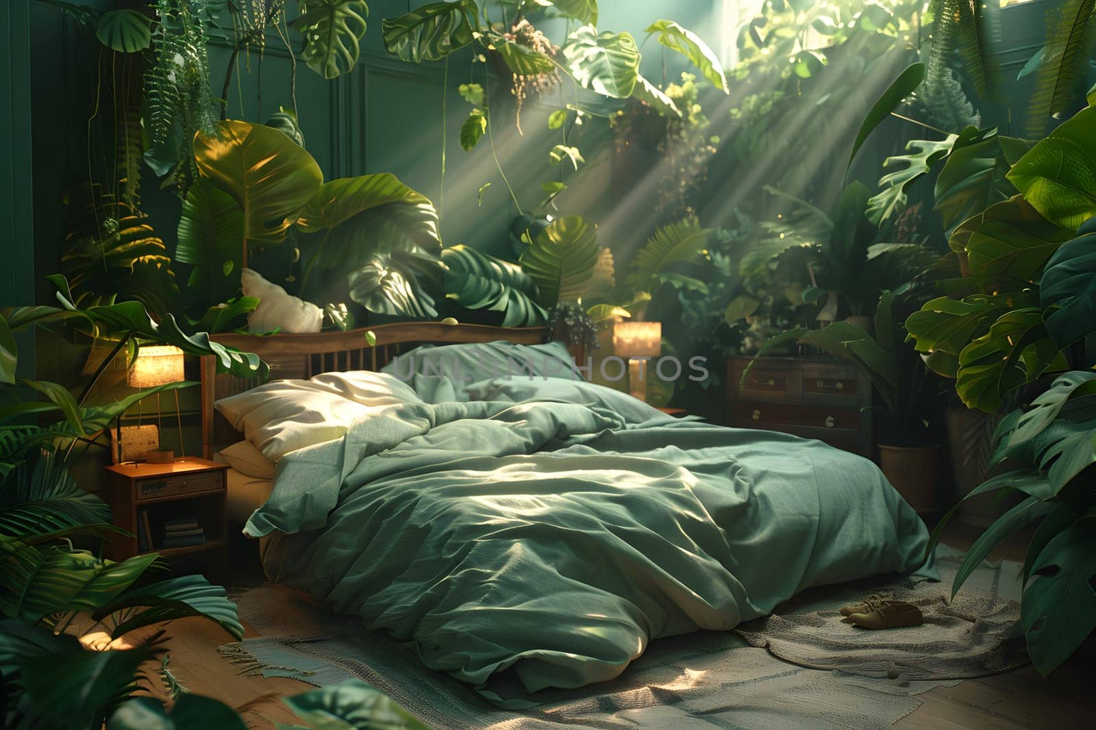 The bedroom is like a jungle with an abundance of terrestrial plants and palm trees. It feels like sleeping in a forest with a bed surrounded by lush greenery