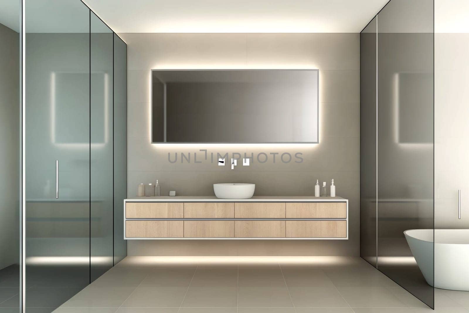 interior of a modern bathroom with LED lighting.