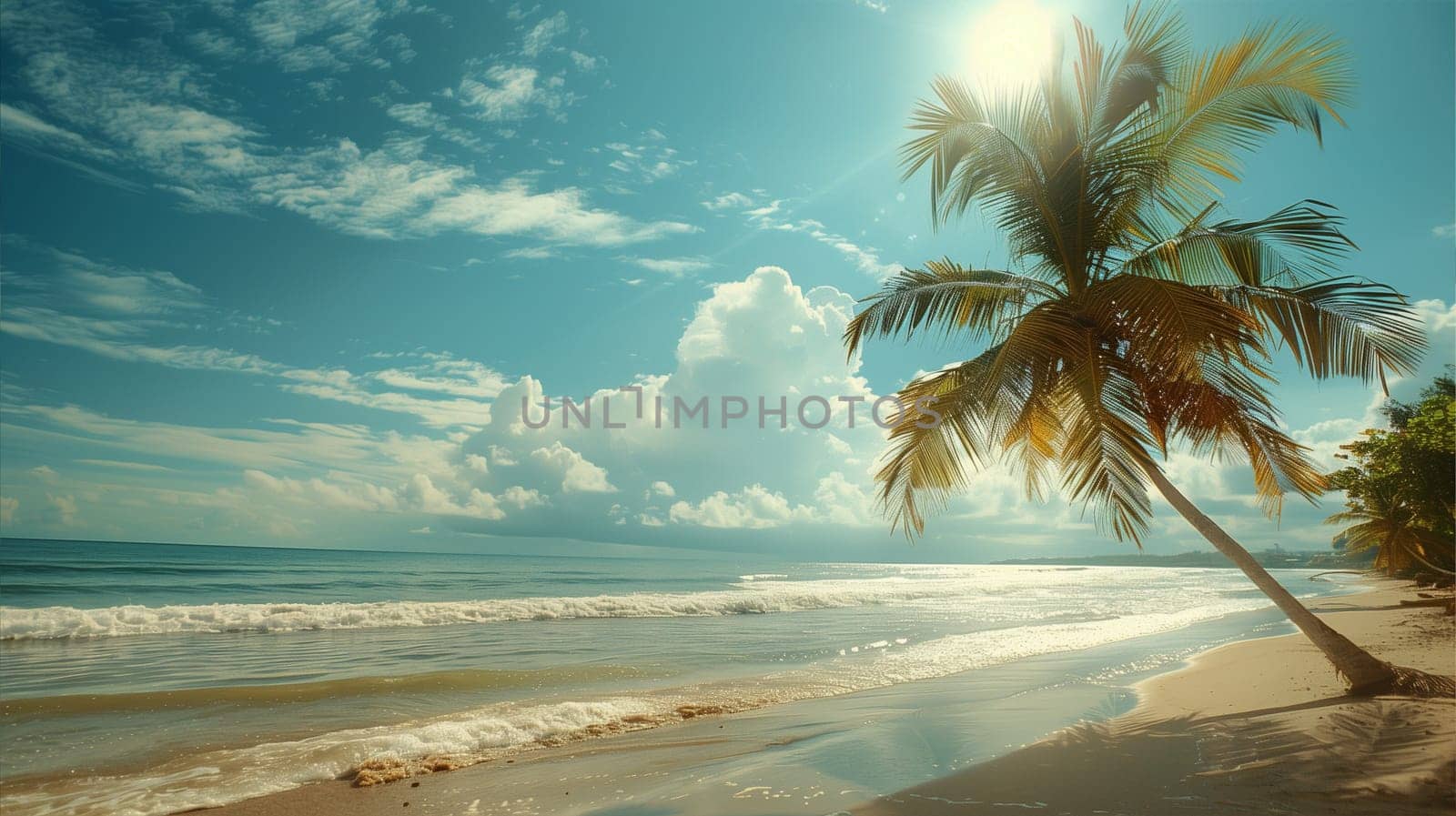 A palm tree standing upright on a sandy beach with clear blue skies in the background.