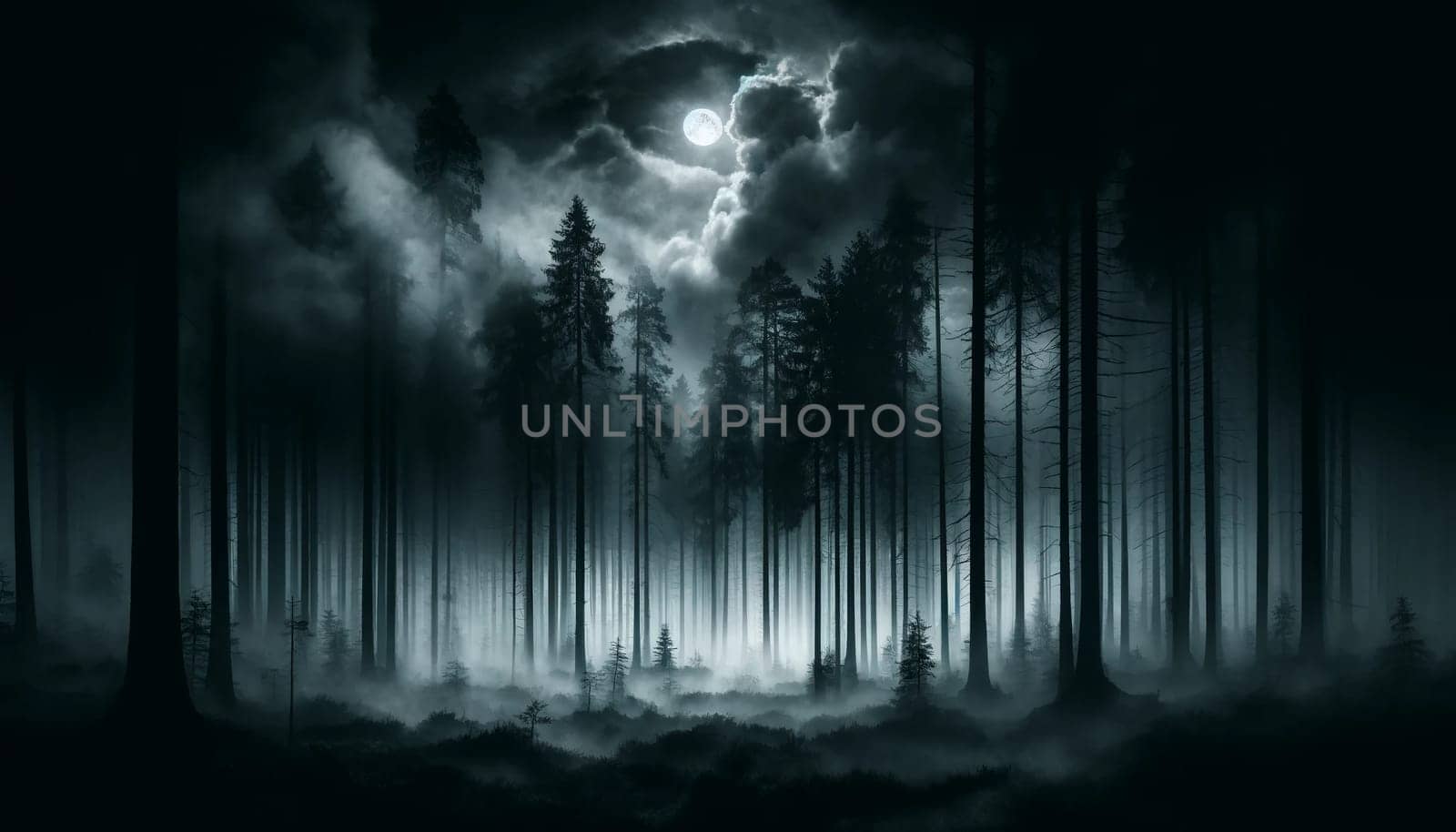 mystical ominous fog in a night pine forest illuminated by the moon by Annado