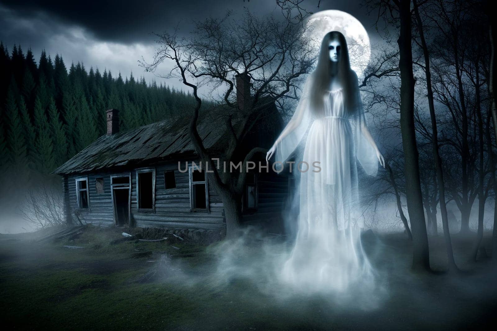 Scary ghost woman near an abandoned old house in a foggy forest on a full moon by Annado