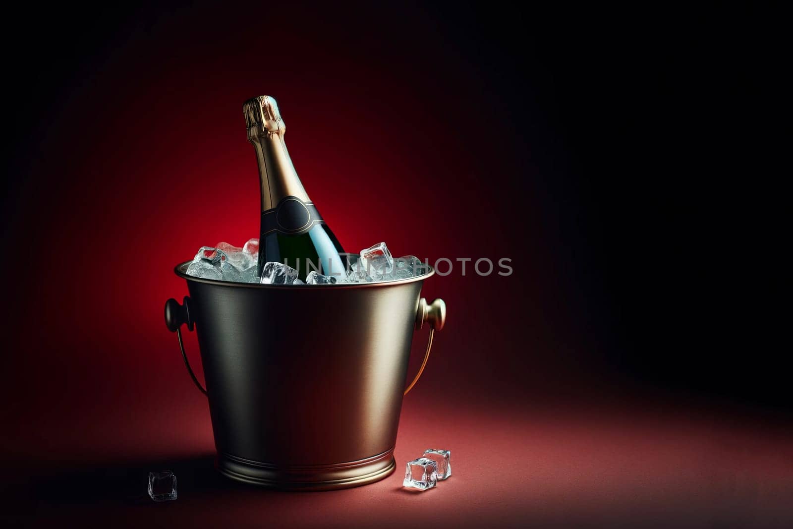 bottle of champagne in a bucket with ice on a dark burgundy background, copy space.