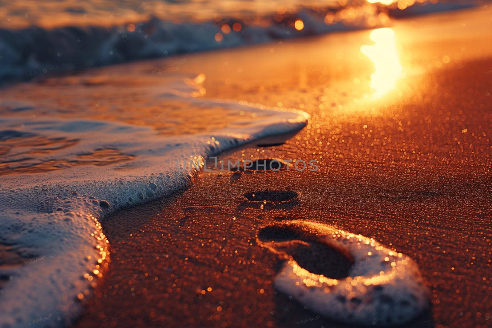 Footprints left behind in the sand on a beach as the sun sets, creating a serene and calming scene.