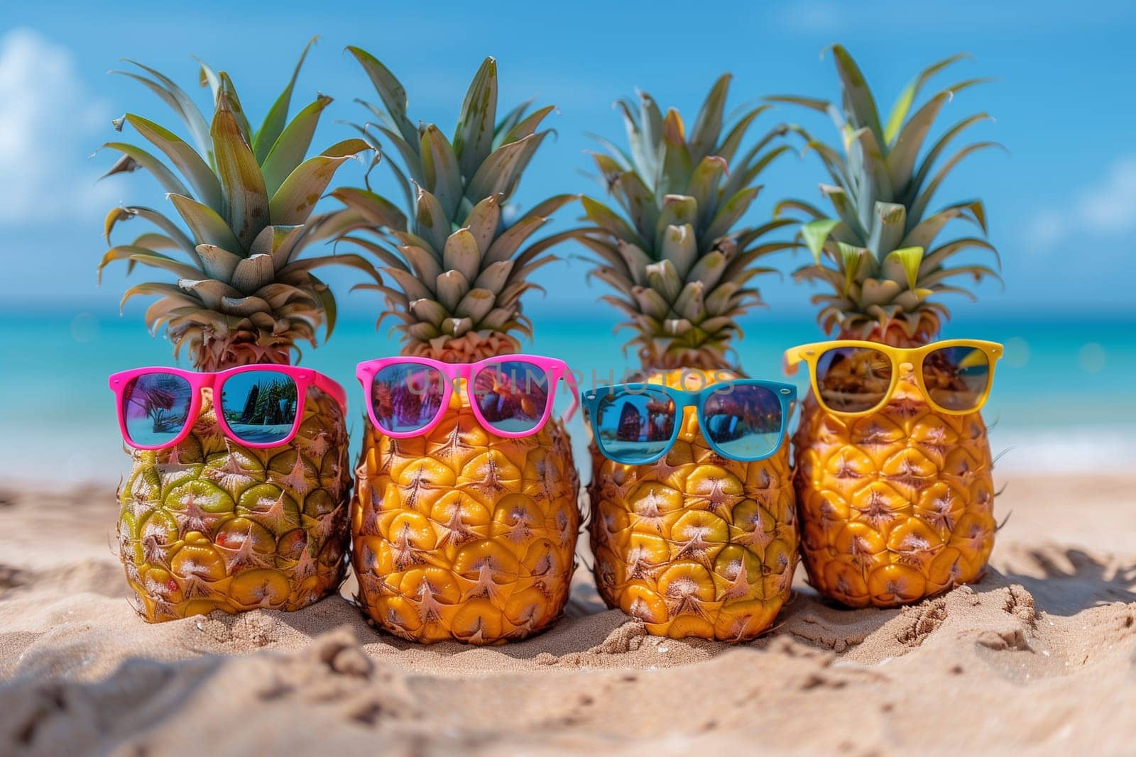 A group of pineapples, each wearing sunglasses, enjoying a sunny day on the beach.