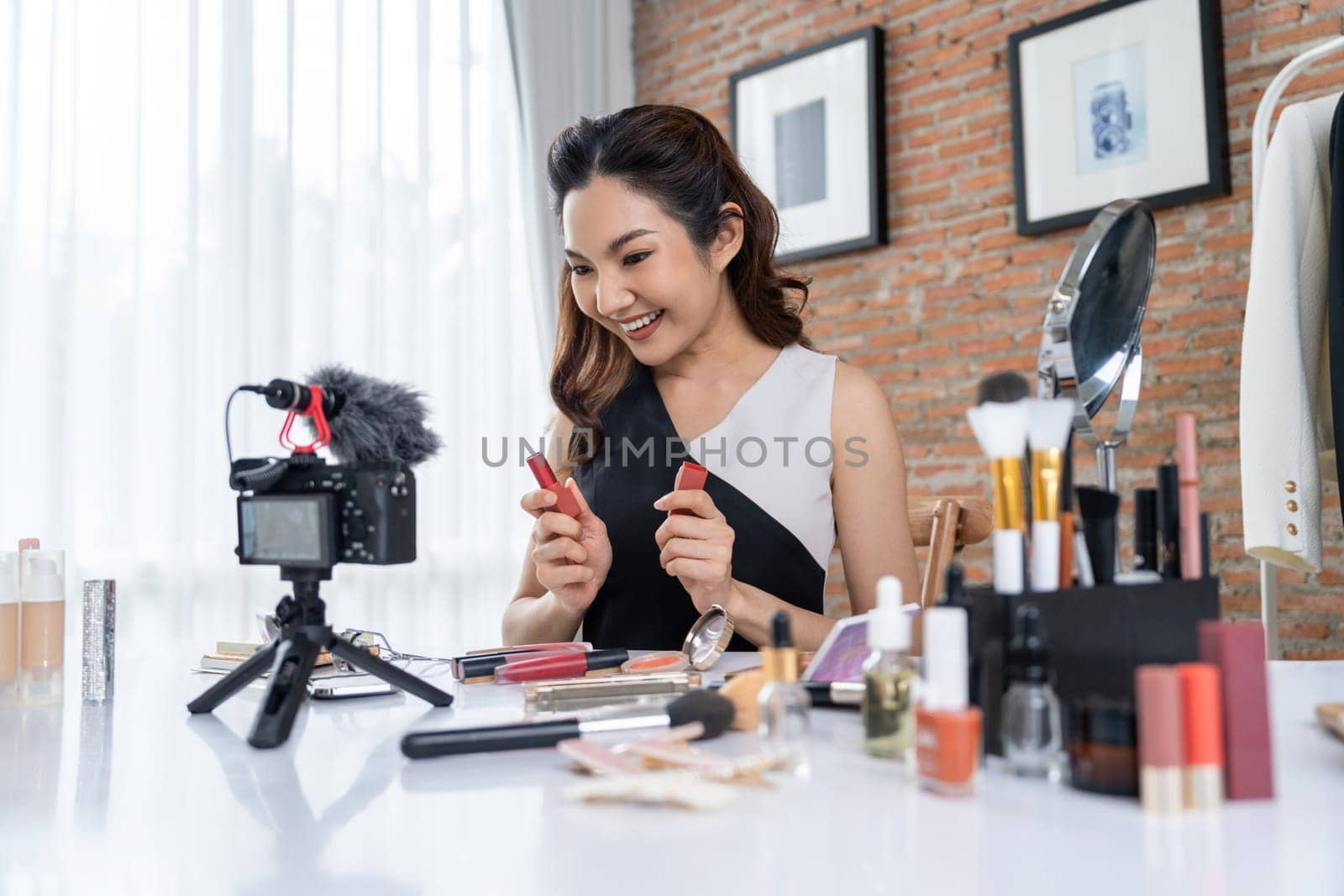 Woman influencer shoot live streaming vlog video review makeup uttermost social by biancoblue