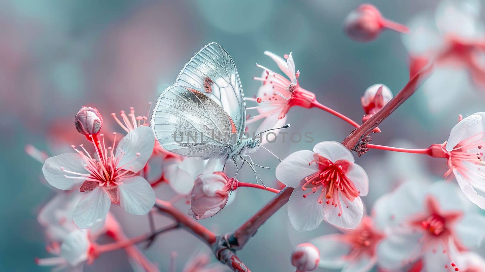 Beautiful white butterfly on a cherry blossom flower. by OlgaGubskaya