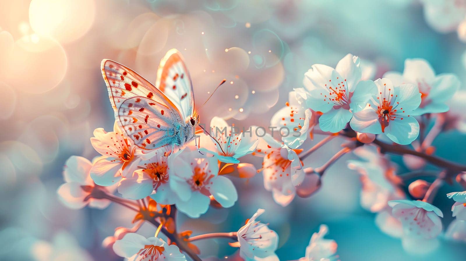 Beautiful white butterfly on a cherry blossom flower in spring.