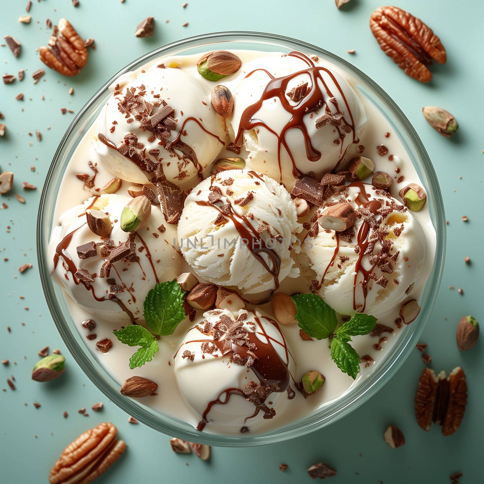 A bowl filled with creamy ice cream topped with crunchy nuts, ready to be enjoyed as a delicious treat.