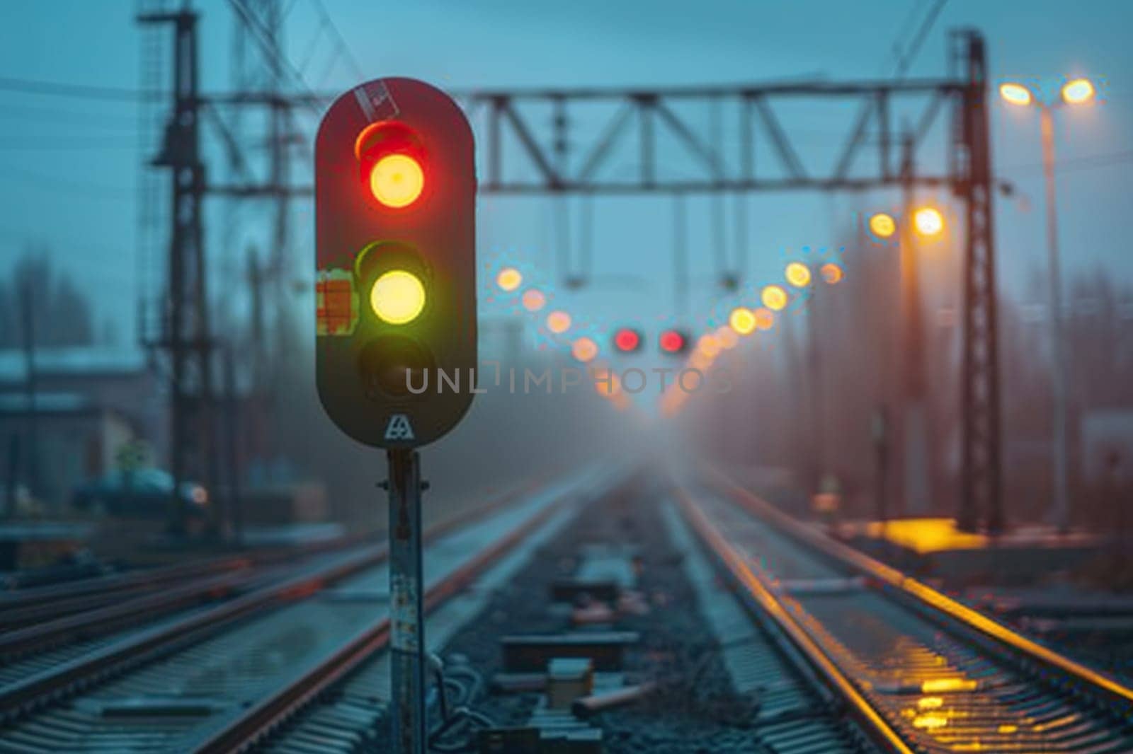 The traffic light between the railway tracks at dusk shows a red signal.