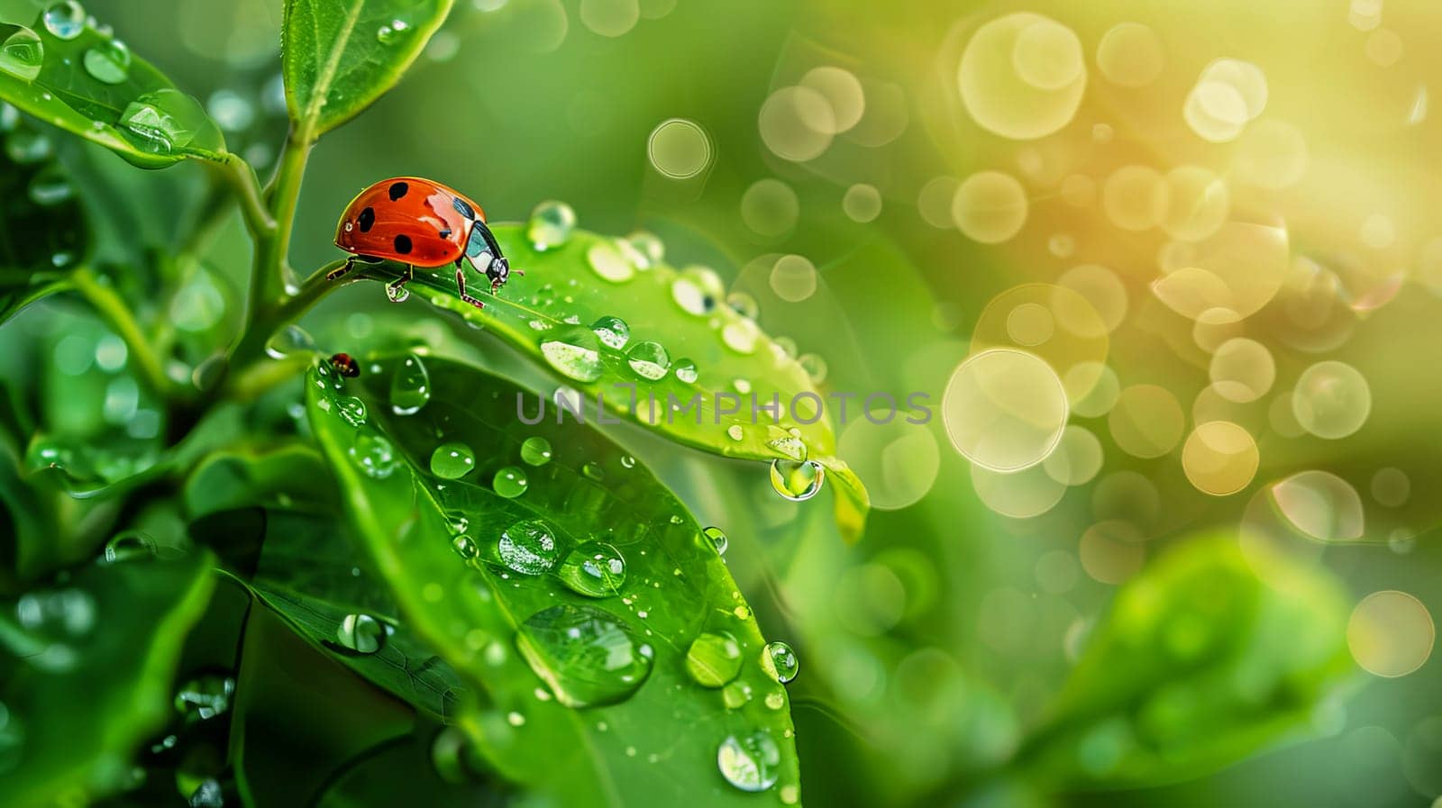 Ladybug on green leaves with morning dew, nature background with water drops and copy space. AI generated.