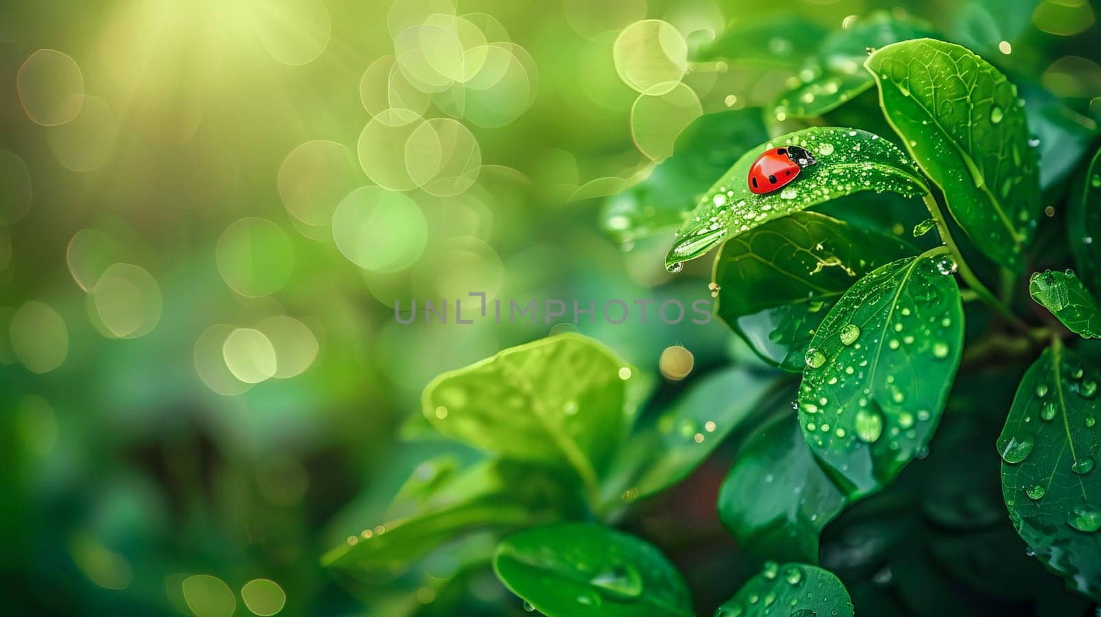Ladybug on green leaves with morning dew, copy space. AI generated. by OlgaGubskaya