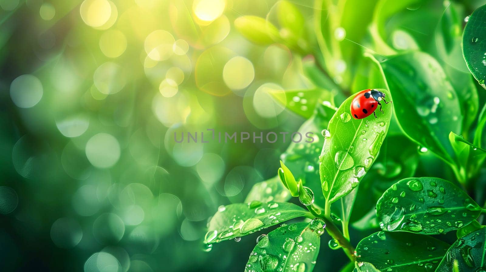 Ladybug on green leaves with morning dew, nature background with water drops and copy space. AI generated.