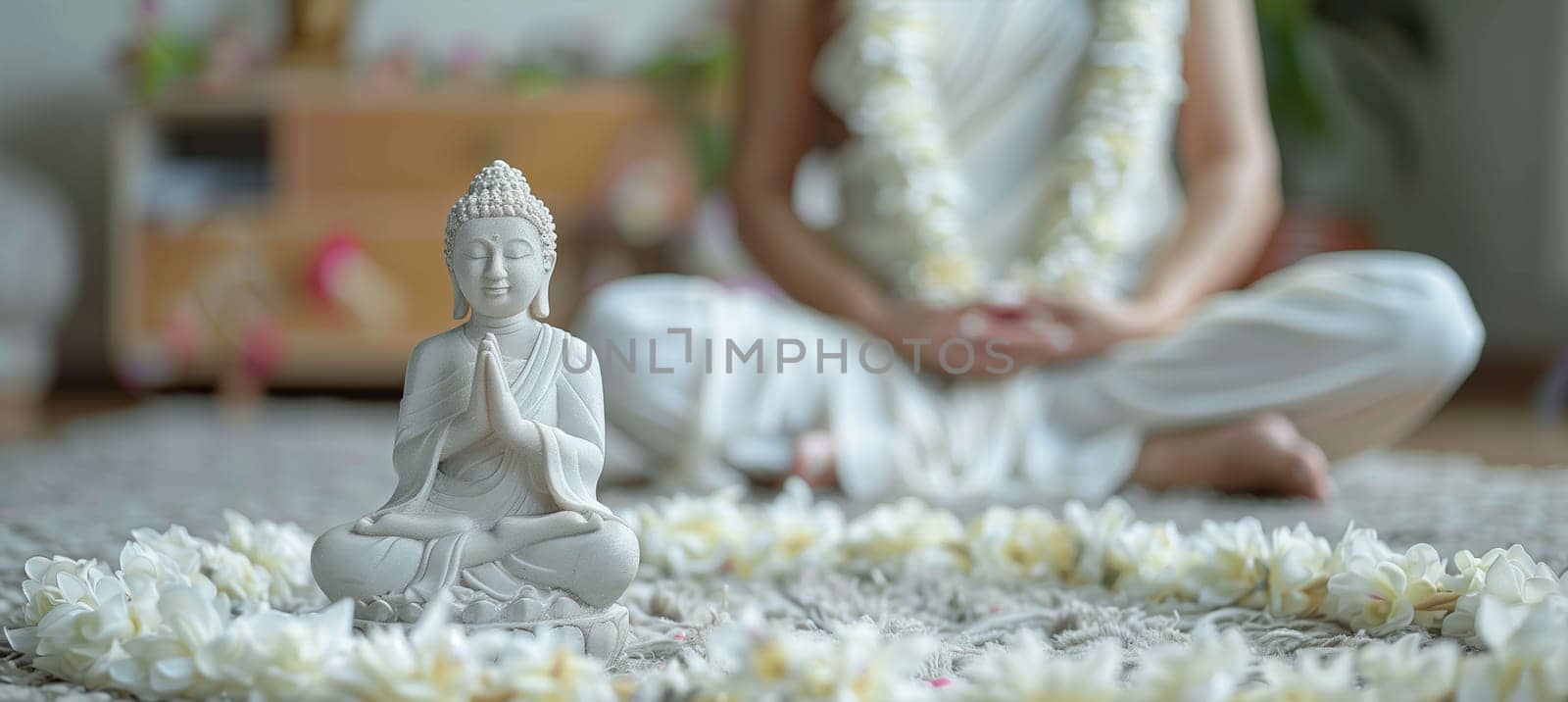 A white Buddha statue seated on top of a white rug.