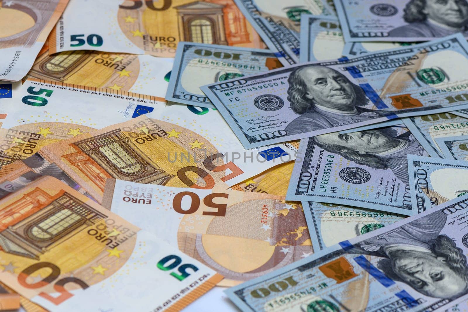 Euro and dollars banknotes. 50 Euro and 100 Dollar banknotes.