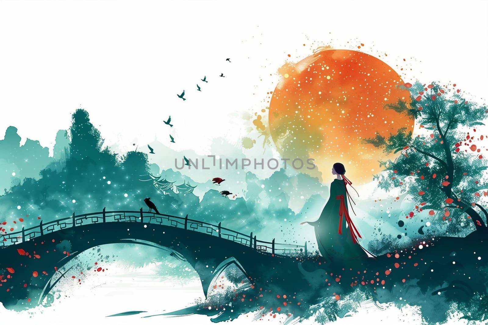 A painting depicting a woman gracefully walking across a bridge.