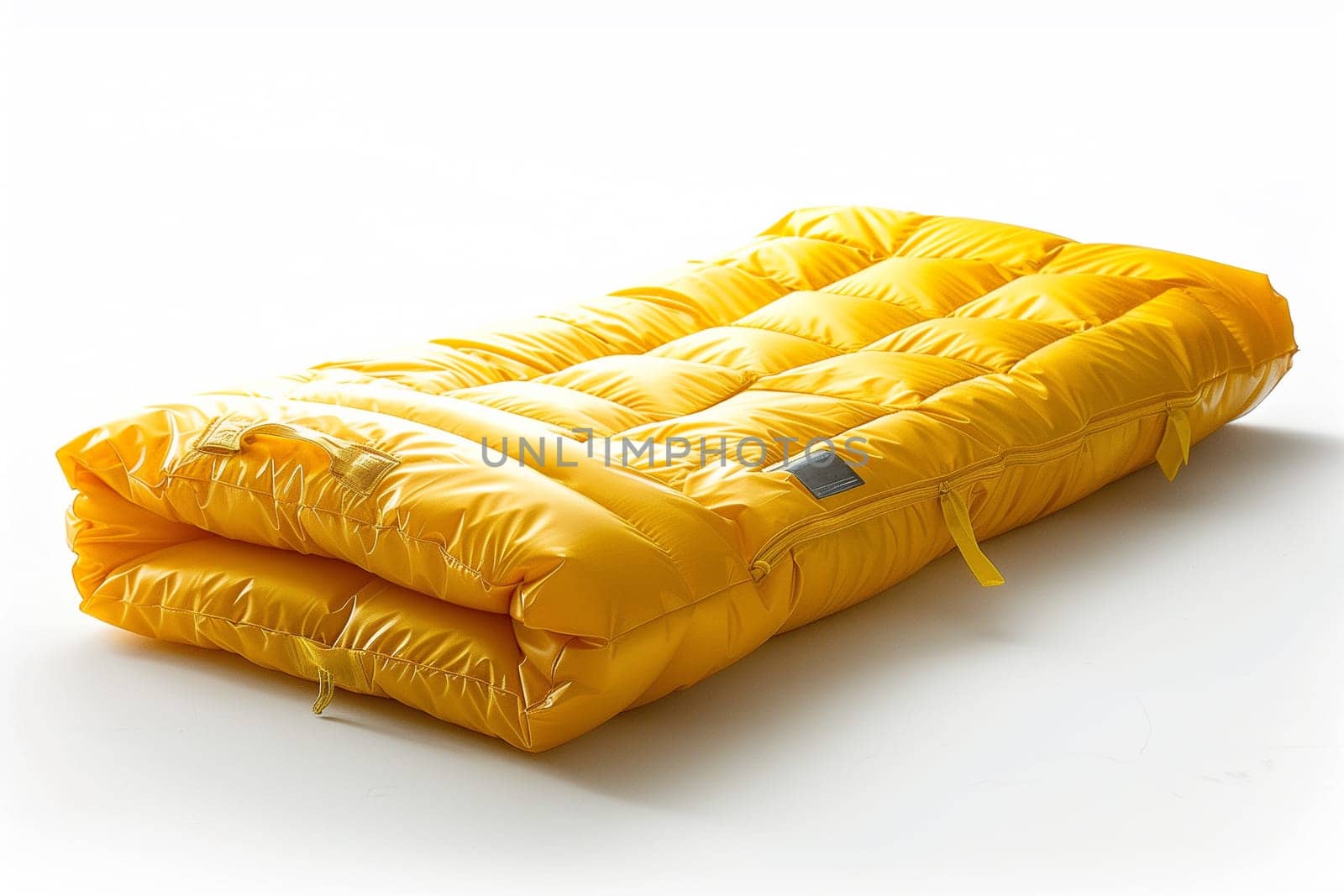 A vibrant yellow sleeping bag, designed for insulation and outdoor comfort, neatly laid out and ready for adventure.