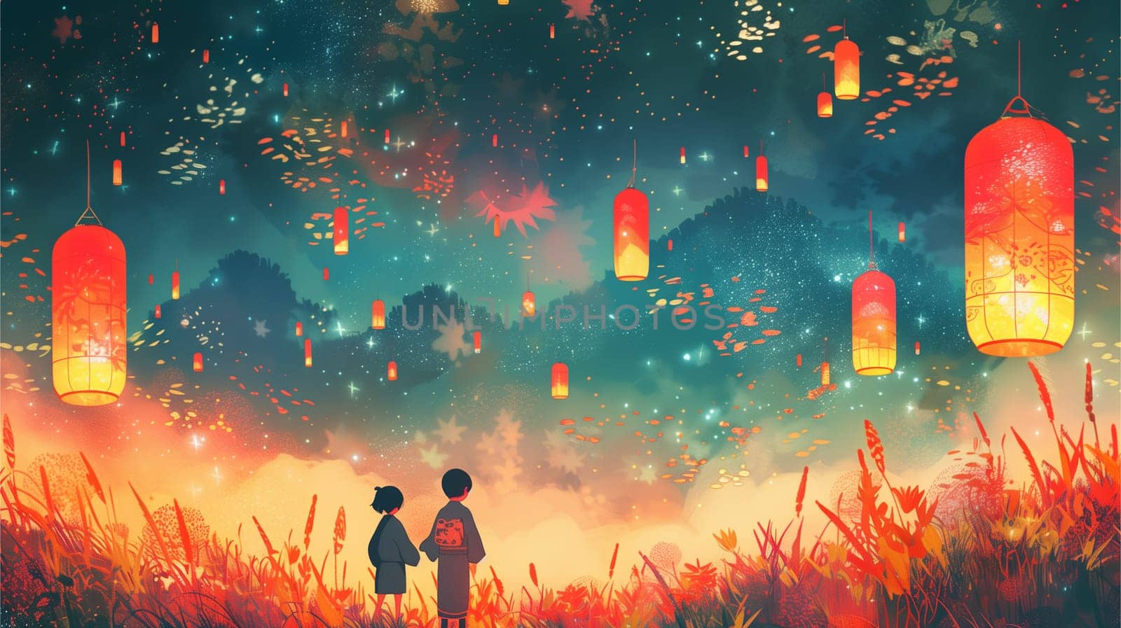 Two individuals stand facing a sky illuminated by countless lanterns. The scene depicts a moment of awe and wonder amidst the glowing lights.