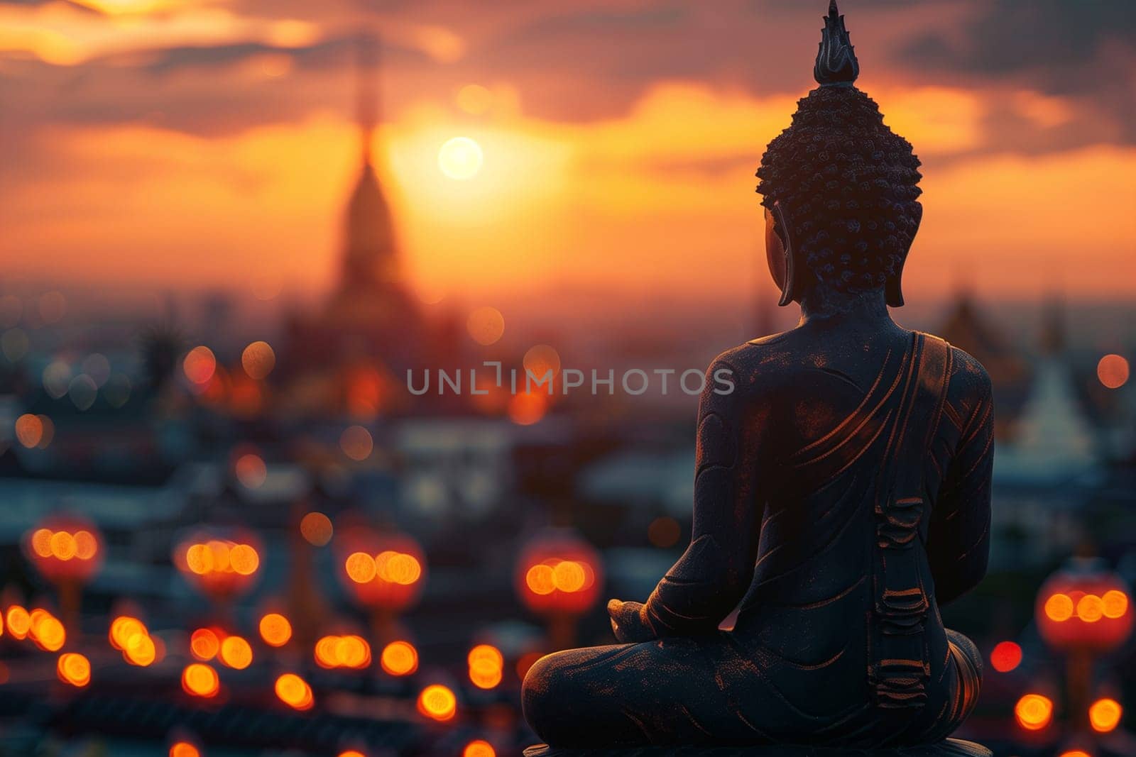 A Buddha statue seated majestically on top of a hill, overlooking the surrounding landscape.